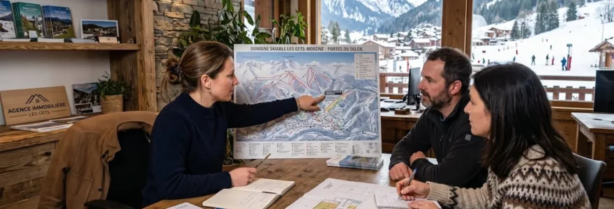 Agent immobilier et clients consultant une carte détaillée des Gets et Morzine dans un bureau d'agence de montagne avec vue sur les Alpes enneigées