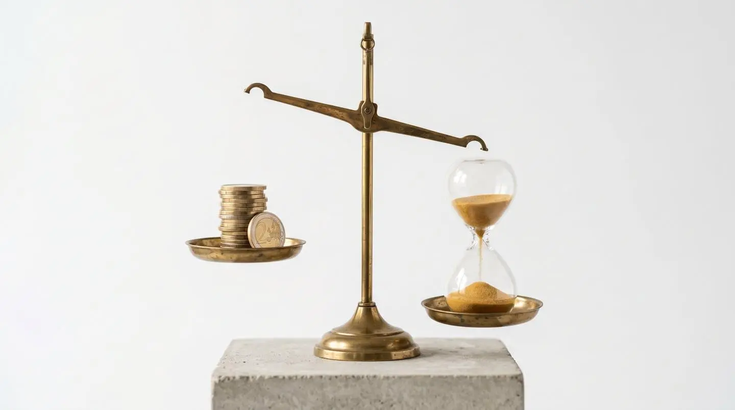 Balance à plateaux en laiton doré avec des pièces en euros sur un plateau et un sablier sur l'autre, symbolisant l'arbitrage entre budget et temps pour le choix d'un quartier