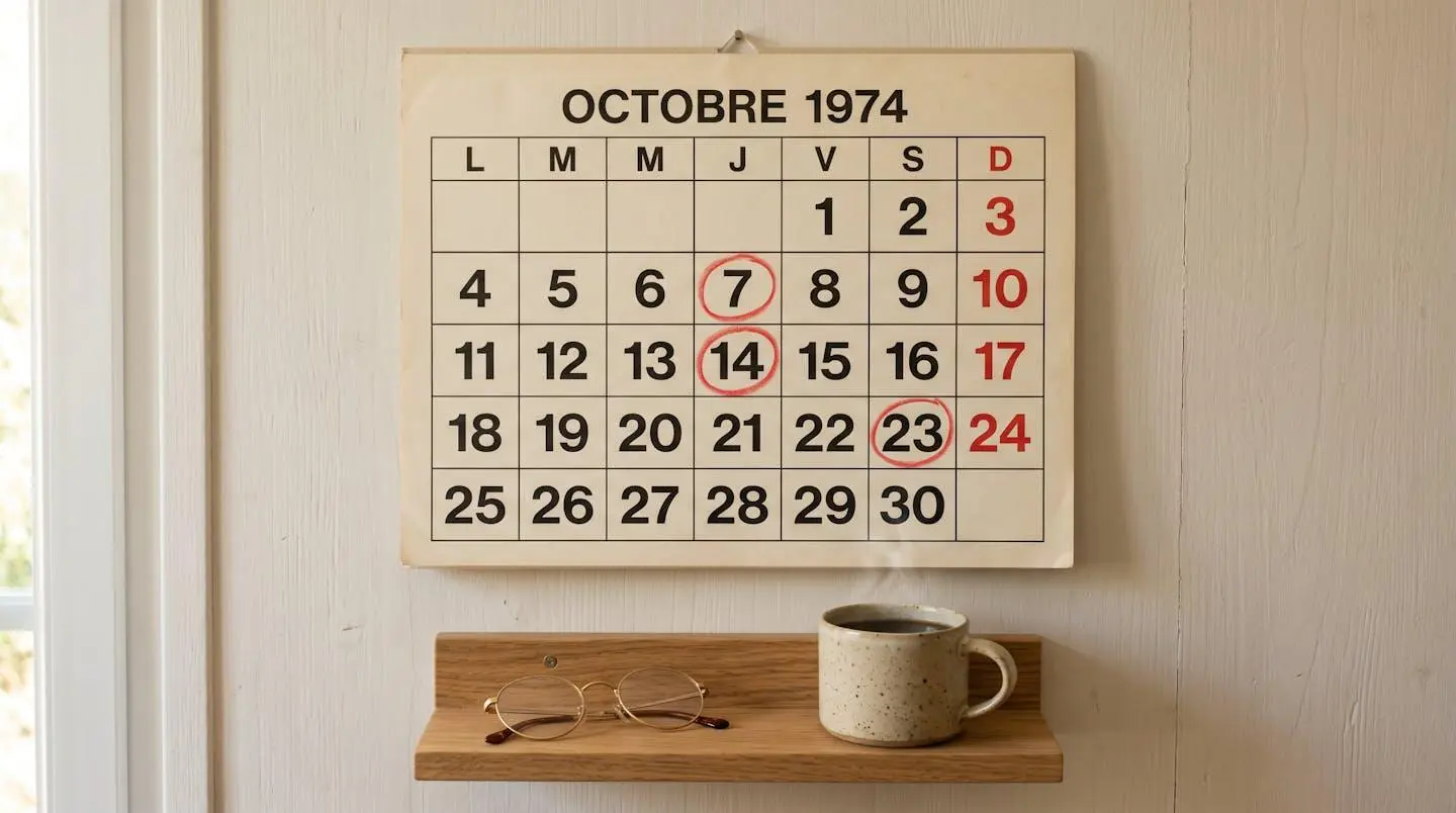 Calendrier mural en papier vintage accroché sur mur en bois clair avec trois dates entourées au crayon rouge, lunettes de lecture et tasse de café fumante sur étagère en dessous