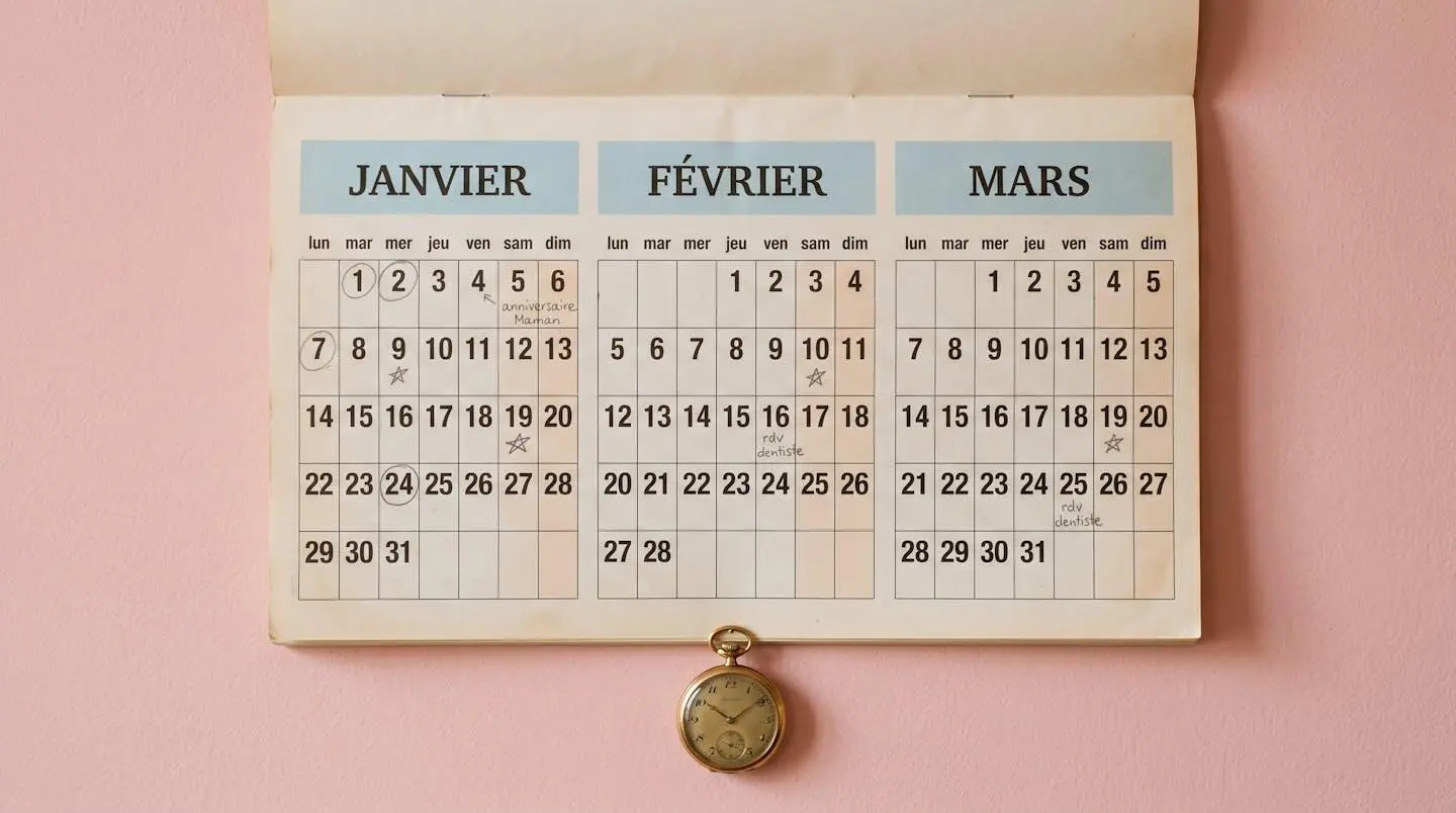 Calendrier papier vintage centré montrant mois hiver avec annotations, montre ancienne symbolisant importance timing réservation anticipée hébergement ski