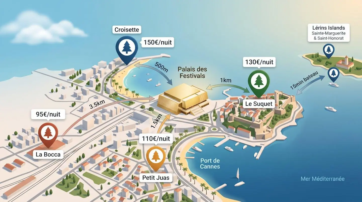 Carte isométrique 3D de Cannes montrant 4 quartiers colorés (Croisette, Suquet, Petit Juas, La Bocca) reliés au Palais des Festivals central par des lignes de distance, avec étiquettes de prix en euros