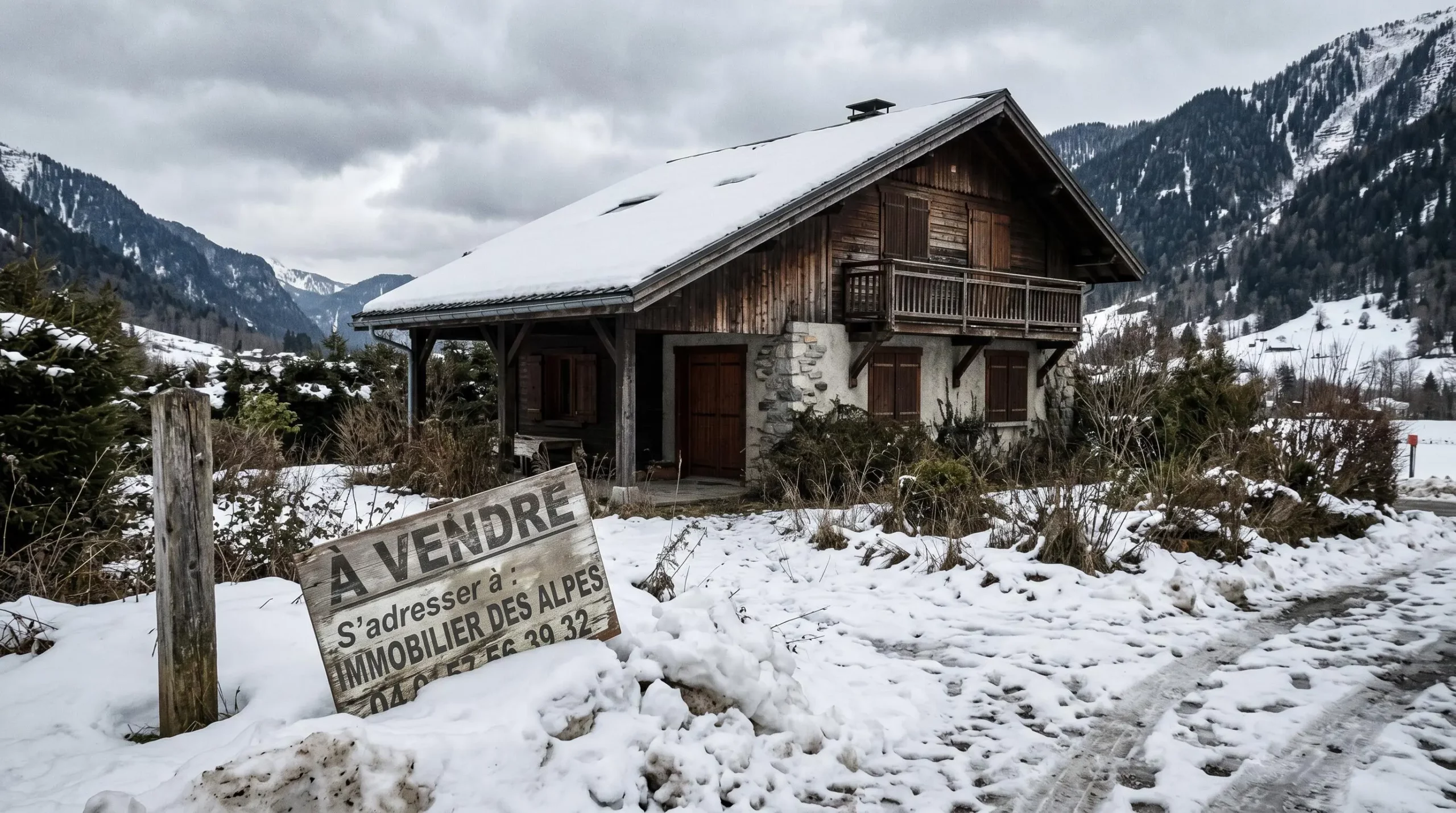 Chalet de montagne invendu avec panneau À vendre vieilli penché dans la neige, volets fermés et jardin non entretenu illustrant une surestimation du prix