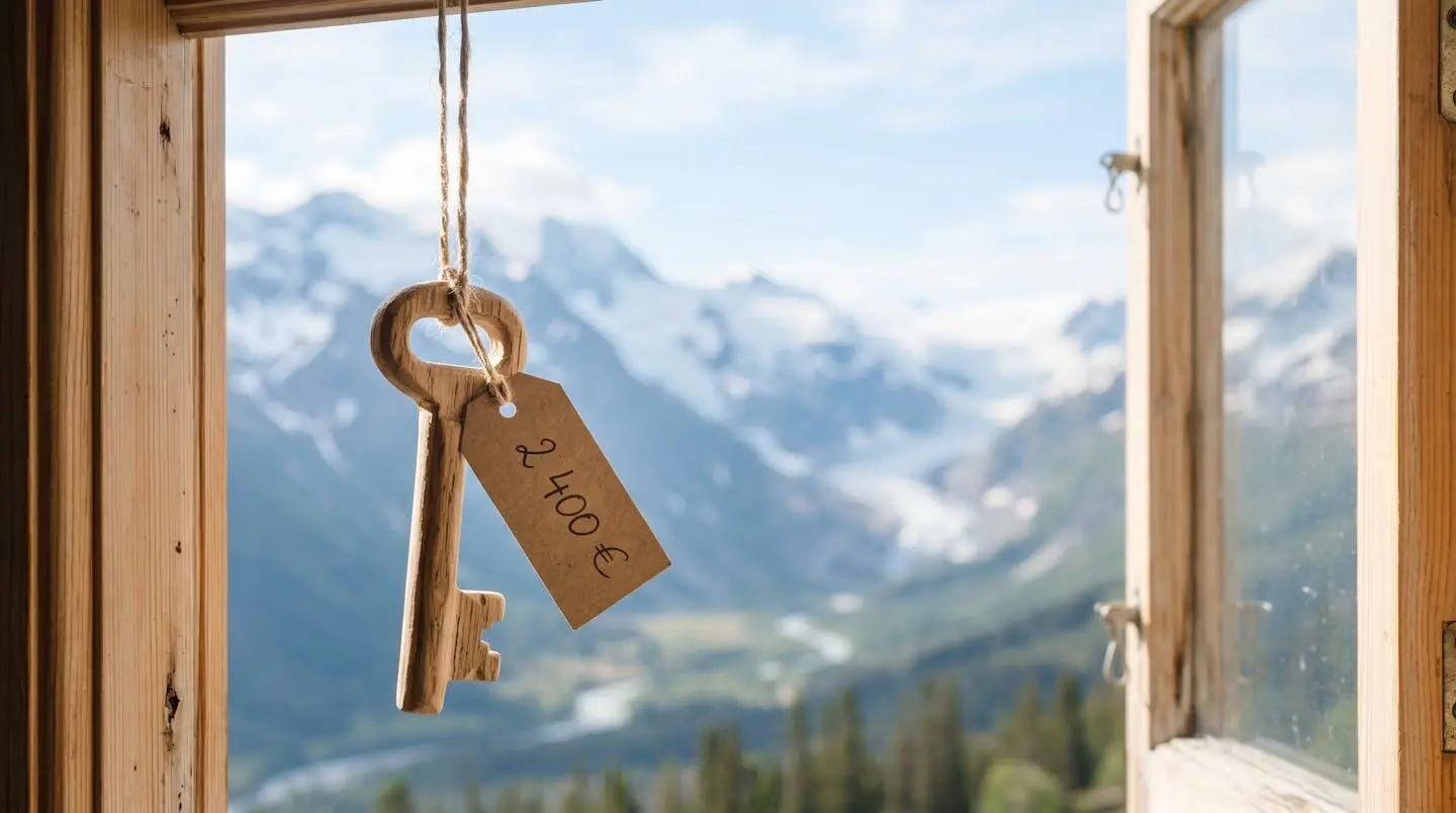 Clé en bois suspendue devant fenêtre ouverte sur montagnes enneigées, étiquette affichant 2400 euros symbolisant accessibilité hébergement Courchevel