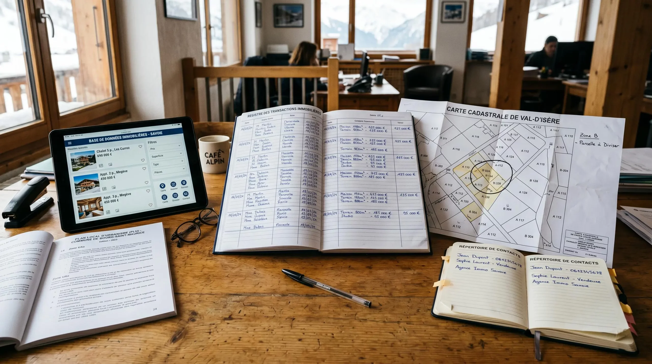 Documents de travail d'agence immobilière montagne : carnet de transactions manuscrit, carte cadastrale annotée, tablette avec base de données propriétés et cahier PLU communal