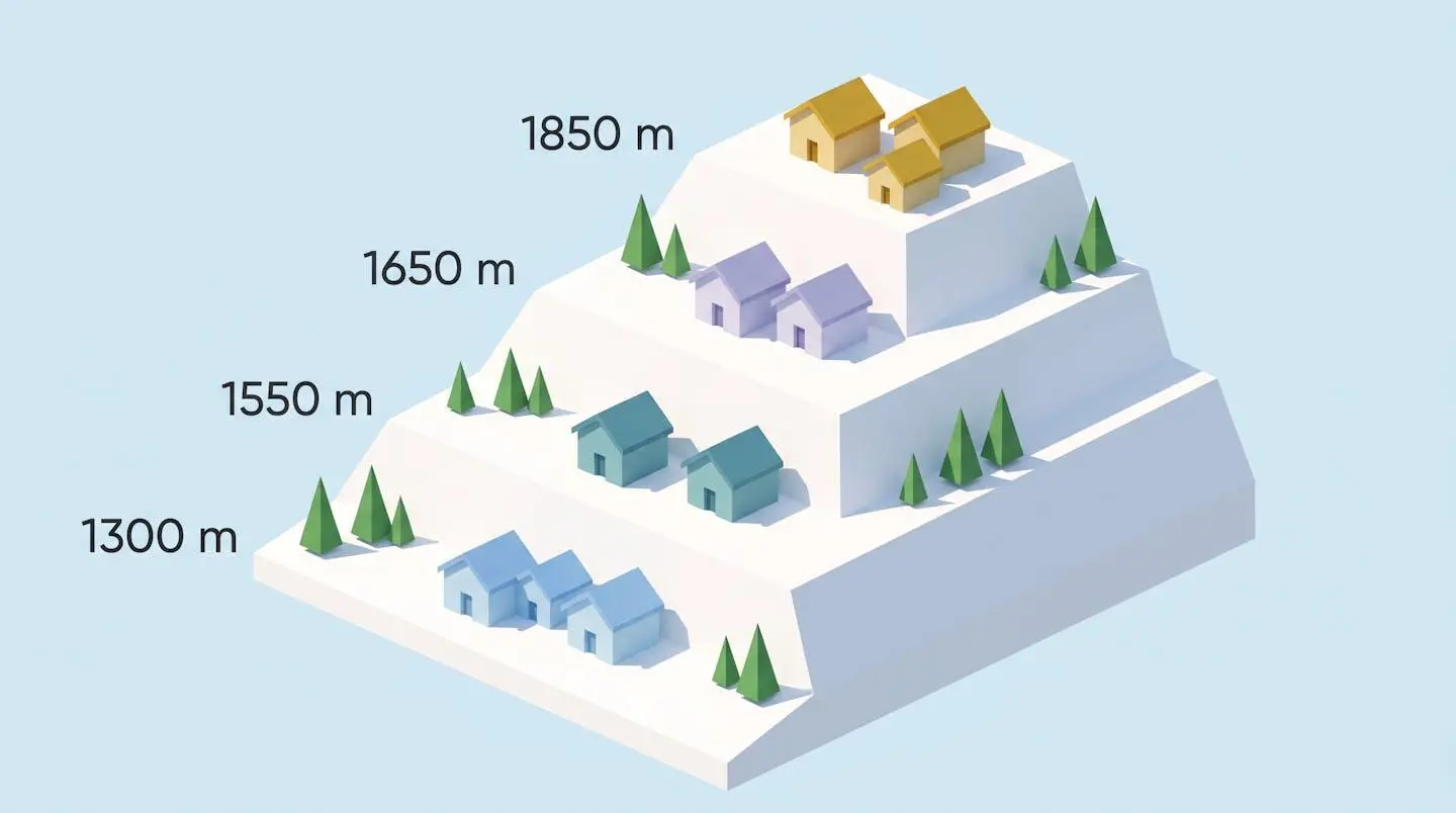 Illustration isométrique d'une montagne à quatre paliers étagés (1300m, 1550m, 1650m, 1850m) avec chalets colorés différemment sur chaque niveau
