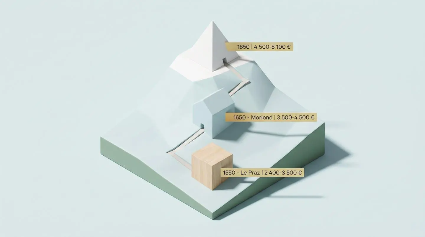Illustration isométrique trois zones Courchevel (1550, 1650, 1850) représentées par structures géométriques avec étiquettes altitude et fourchettes tarifaires en euros