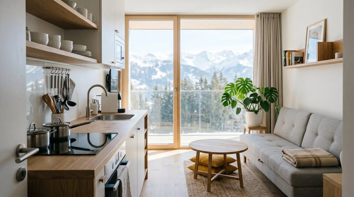 Intérieur studio montagne lumineux avec coin cuisine équipée en bois clair au premier plan, canapé-lit gris et table basse au second plan, grande baie vitrée avec vue sur montagnes enneigées au fond