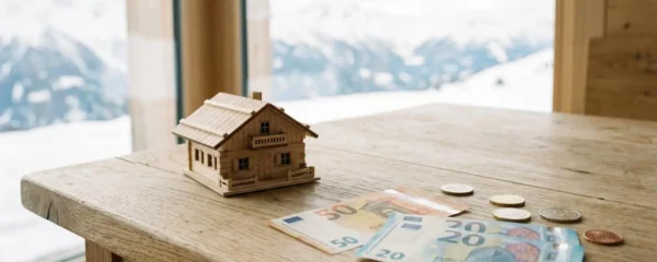 Maquette miniature de chalet en bois naturel entourée de billets et pièces d'euros sur une table claire, avec montagnes enneigées floues en arrière-plan par la fenêtre