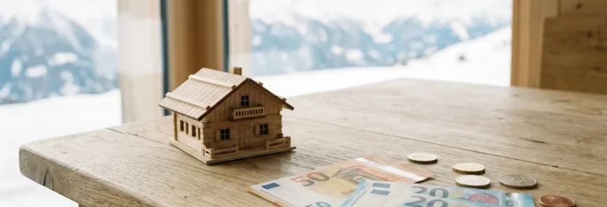 Maquette miniature de chalet en bois naturel entourée de billets et pièces d'euros sur une table claire, avec montagnes enneigées floues en arrière-plan par la fenêtre