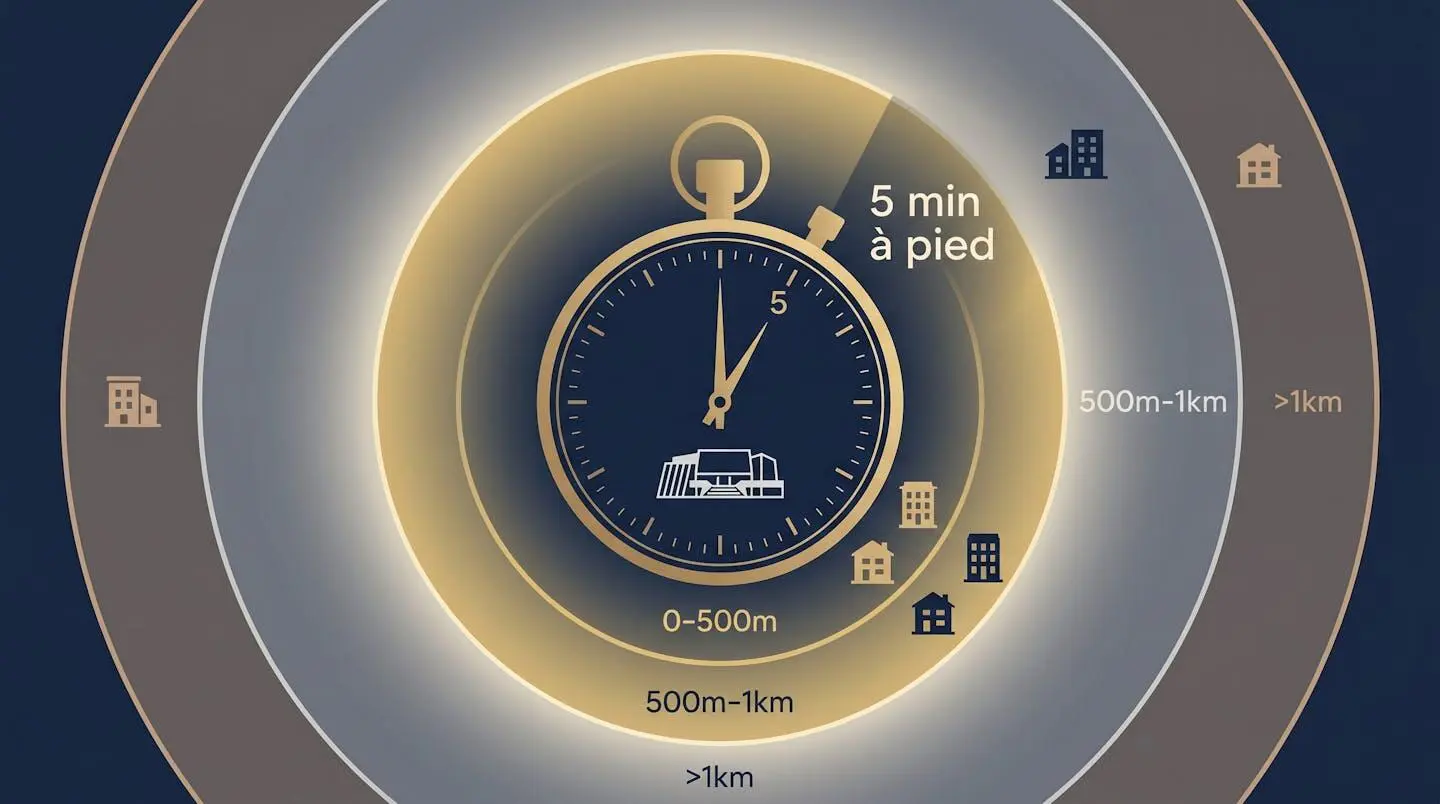 Schéma minimaliste montrant un chronomètre indiquant 5 minutes au centre de cercles concentriques représentant les zones de proximité autour du Palais des Festivals de Cannes